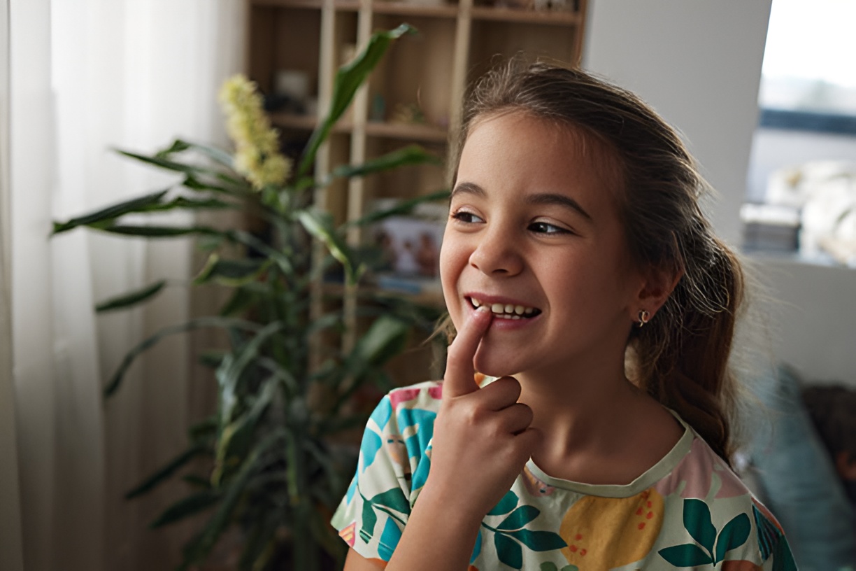 smiling girl pointing at a gap left by a missing tooth